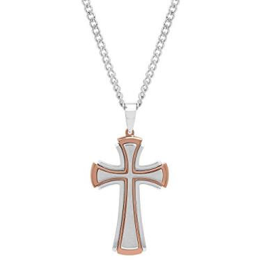 Imagem de Colar masculino com pingente de cruz empilhada de dois tons marrom de aço inoxidável com corrente de meio-fio, 61 cm, One Size, Metal, Sem Pedra Preciosa