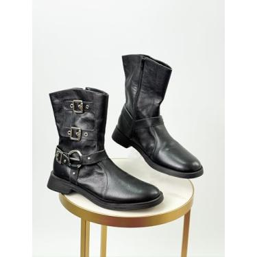 Imagem de Coturno Feminino em Couro Preto, 3 Fivelas, Cano Médio 12cm, Salto 4.5cm, Estilo Militar (preto, BR, Adulto, Numérico, 37)