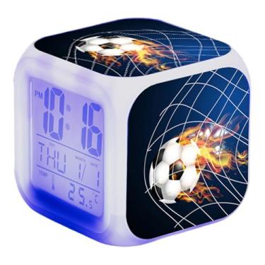 Imagem de Relógio digital infantil, despertador digital, alarme de futebol quadrado de 8 cm com 7 LEDs que mudam de cor, calendário, temperatura e função soneca para meninas e crianças