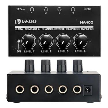 Imagem de ANVAR VEDO Mini Amplificador de Fones Estéreo 4 Canais com Fonte 12V, Metal Durável e Controles Graves/Agudos - Solução Portátil para Monitoração em Estúdio, Transmissões ao Vivo e Ensaios