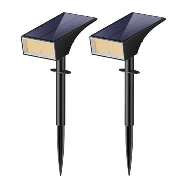 Imagem de Koicaxy Luzes solares para ambientes externos, pacote com 2, 100 LEDs, 4 modos de iluminação, holofote paisagístico, impermeável, IP65 para quintal, jardim, caminho, branco quente