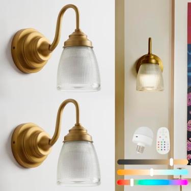 Imagem de Teqinchy Conjunto de 2 arandelas de parede operadas por bateria, arandelas de parede de latão com vidro transparente regulável e controle remoto, 12 cores, recarregáveis, sem fio, luzes de parede para