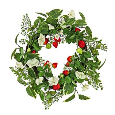 Imagem de National Tree Company Guirlanda artificial de primavera, base de ramo tecido, decorada com morangos, flores de petúnia, folhas verdes, coleção de primavera, 55 cm