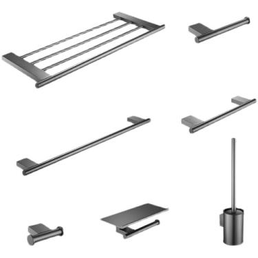 Imagem de Acessórios para banheiro cinza-arma - Toalheiro/papeleira de latão maciço com suporte para escova de vaso sanitário | Conjunto de 4 peças, combinação