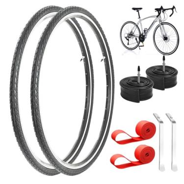 Imagem de Conjunto de 2 pneus 700 x 35c para estrada/cascalho/bicicleta urbana - Faixa preta | Inclui 2 pneus, 2 tubos internos, 2 fitas de aro e 2 alavancas de pneu | Kit de substituição completo