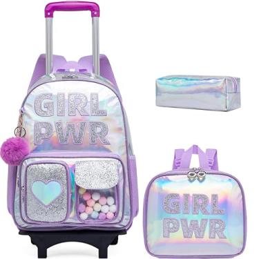 Imagem de Inprof Mochila com rodinhas para meninas, mochilas para estudantes, crianças, malas de mão com rodas para escola, Pwr roxo