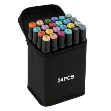 Imagem de Canetinha Ponta Dupla para Colorir Kit Estojo de Canetas Escolar Marcador Coloridas Permanente Duas Pontas (24 Cores)