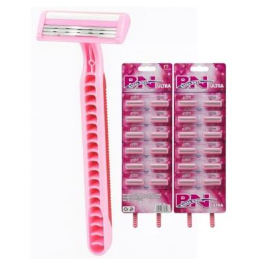 Imagem de Kit 24 Aparelhos de Barbear, Cor Rosa, Descartáveis e Antialérgico, para Depilação, 3 Lâminas e Fita Lubrificante