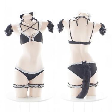 Imagem de SENJIY Lingerie sexy de cosplay de gato para mulheres, fantasia de cosplay de anime, roupa de empregada peluda, babydoll, body frente única, sutiã de orelha, top vestido, conjunto de terno de