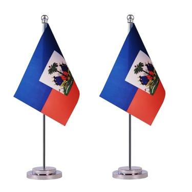 Imagem de Pacote com 2 bandeiras de mesa haitianas haitianas, mini bandeiras de mesa haitianas pequenas haitianas, bandeiras de mesa de país internacional em miniatura, celebração de eventos de festivais