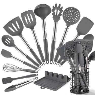 Imagem de HOTEC Utensílios de cozinha de silicone resistente ao calor de 230 °C, conjunto de utensílios de cozinha, conjunto de espátula, sem BPA, utensílios de cozinha, com suporte de utensílios de aço