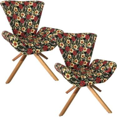 Imagem de Kit Duas Poltronas Elegance Base Giratória Ferro e Madeira Jacquard Fl