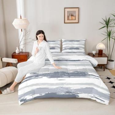 Imagem de Erosebridal Conjunto de edredom listrado abstrato king size moderno para adolescentes geométrico estética pintura a óleo edredom minimalista simples aquarela azul-marinho cinza colcha