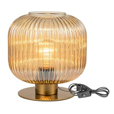 Imagem de Soutas Candeeiro de mesa de vidro moderno de meados do século, luminária de cabeceira dourada vintage para quarto com design de lanterna com globo de vidro com nervuras âmbar, luminária de mesa