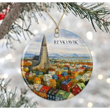 Imagem de Enfeite de aquarela Reykjavik Islândia - Lembrança de Natal de cerâmica - Aniversário de lua de mel - Lembrança de viagem - Presente de inauguração de casa - Presente para amantes de Reykjavik