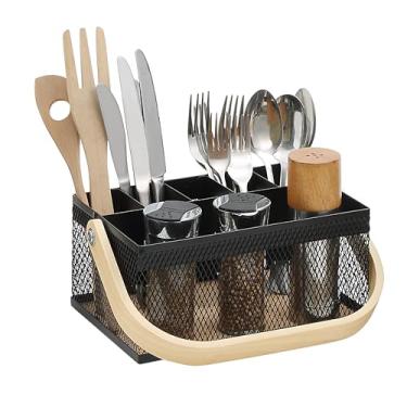 Imagem de SunnyPoint Organizador de utensílios com cabo de madeira compensada – organizador de talheres e talheres de malha de metal para cozinha, piquenique, festa, restaurante e eventos (BLK)