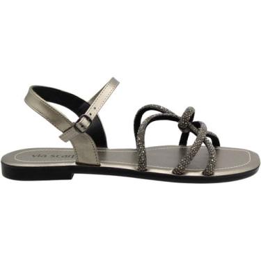 Imagem de Sandália Rasteira Via Scarpa Fivela Tiras com Strass Feminina, Prata, 