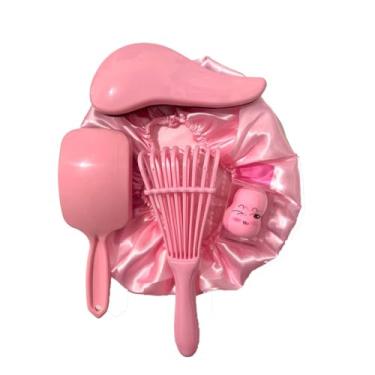 Imagem de Kit 03 Escova com Raquete Fashion Touca de Cetim e Esponjinha para Maquiagem (Rosa/Azul)