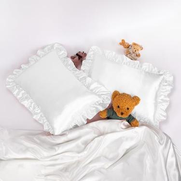 Imagem de HommxJF Capa de almofada infantil de cetim branco 33 x 45 cm, respirável e refrescante de cetim com babados, conjunto de 2 fronhas com fecho de envelope