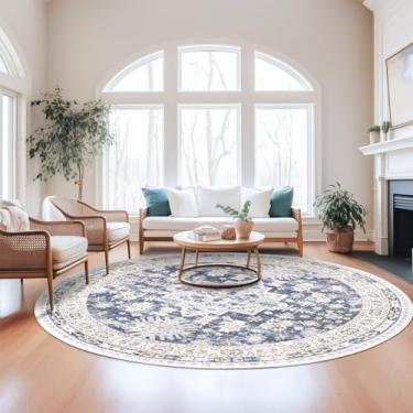 Imagem de Tapete redondo de 2,4 m zesthome Lavável, antiderrapante, para sala de estar, grande, ultrafino, macio de felpa baixa para quarto, cozinha, vintage, resistente a manchas (azul/bege, 2,4 x 2,4 m)