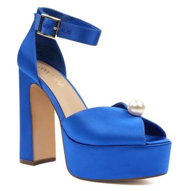 Imagem de JENN ARDOR Salto alto plataforma feminino sexy peep toe salto grosso confortável 11,4 cm sandálias de salto bloco tira tornozelo festa casamento vestido noite sapatos, Azul royal, 38