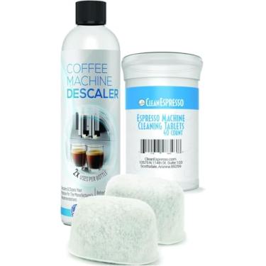 Imagem de CleanEspresso Kit de limpeza de café expresso – 40 tabletes de limpeza para máquina de café expresso + 2 filtros de água + solução de descalcificação de 2 usos – serve para todos os