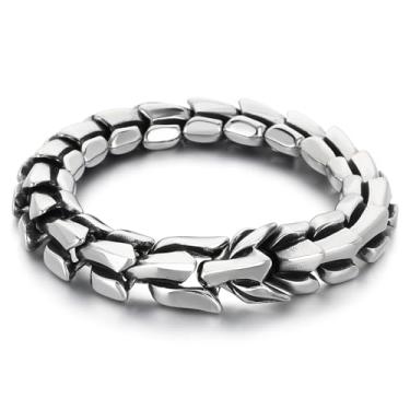 Imagem de Azubpi Pulseira masculina de aço inoxidável de prata polida com osso de dragão viking, corrente de flecha, joia boêmia presente para homens (prata, 21 cm)