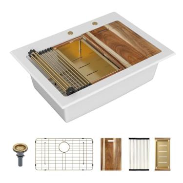 Imagem de Sarlai Pia de cozinha composta de 30 granitos – 76,2 cm x 55,88 cm Drop In Kitchen Sink Ledge Estação de trabalho granito branco quartzo composto superior pia pia única bacia bacia com acessórios