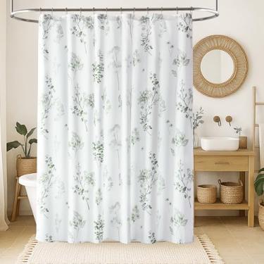 Imagem de Cortina de chuveiro floral aquarela boho verde sálvia, cortinas de chuveiro de tecido botânico de eucalipto para banheiro, verde claro branco natureza planta casa de campo cortina de banho para