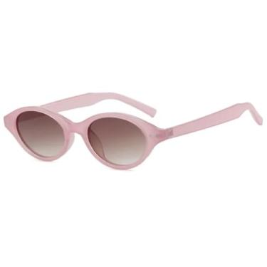 Imagem de Óculos de sol femininos com armação oval pequena, luxuosos, com rebites, para decoração masculina, para atividades ao ar livre e viagens, UV400 (rosa, gradiente, chá)