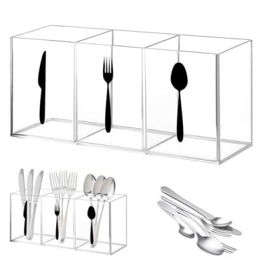Imagem de JEPELUS Porta-utensílios transparente para balcão de cozinha, organizador de talheres de plástico para mesa, 3 compartimentos para talheres e garfo