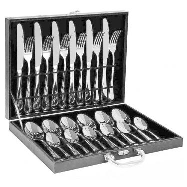 Imagem de Faqueiro Inox Conjunto Talheres 24 Pçs Maleta Madeira Alça