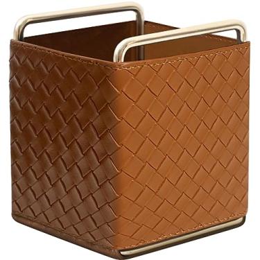 Imagem de OLizee® Porta-lápis de couro, organizador de mesa, arte de ferro, pincel de maquiagem, controle remoto, caixa de armazenamento, suporte de caneta de escritório para mesa, marrom