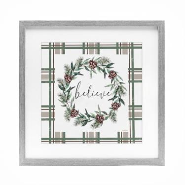 Imagem de Stupell Industries Believe Grinalda em cinza xadrez verde impressão emoldurada sob vidro design por Elizabeth Tyndall, 40,6 x 40,6 cm
