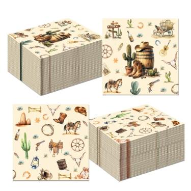 Imagem de 100 guardanapos de papel caubói ocidental, decorações de festa de aniversário ocidental com chapéus, ferraduras, decoração de rodeio do oeste selvagem para meninos suprimentos de festa de aniversário