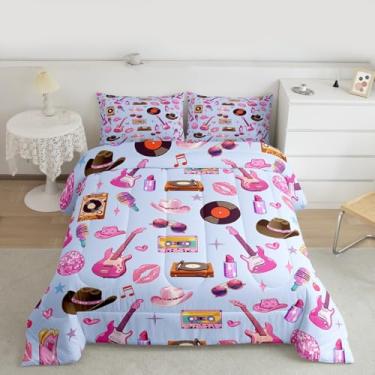Imagem de jejeloiu Jogo de cama solteiro com estampa de guitarra rosa, gato, vaqueira ocidental, moderno, feminino, azul, rosa, para decoração de quarto, leve, com 1 edredom e 1 fronha