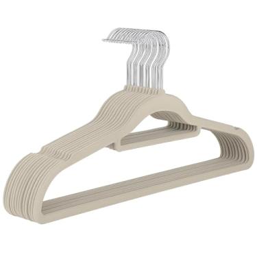 Imagem de Kit 10 Cabides Slim de Veludo com Gancho Giratório Cromado – Antiderrapante, Ultrafino e Reforçado para Roupas Delicadas e Pesadas (Bege)