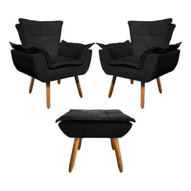 Imagem de Kit 2 Poltrona+puff Opala Recepção Salão Suede Preto - King Lar