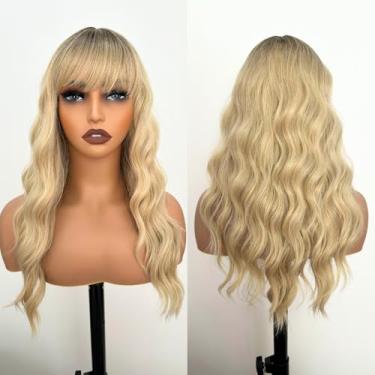 Imagem de LOLYDEER Perucas loiras longas onduladas loiras resistentes ao calor peruca sintética com franja ombré loira marrom raiz perucas para mulheres loiras encaracoladas perucas para festa uso diário