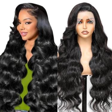Imagem de Peruca de cabelo humano ondulado frontal com renda frontal de 13 x 4 HD para mulheres 180% de densidade de cabelo virgem brasileiro pré-arrancado sem cola peruca ondulada preta natural 81 cm