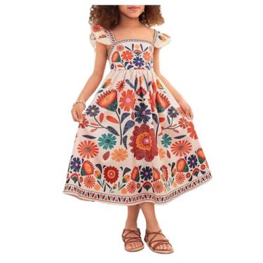 Imagem de RoseSeek Girl's Boho Floral Print Summer Dress Cap Sleeve Square Neck Ruffle Hem Vacation Dresses Multicolor 4Y