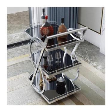 Imagem de Prateleira de cozinha, carrinho de bar, bandeja de armazenamento removível de 3 camadas, carrinho de bebidas com rolamento, carrinho de servir de bar móvel com alça, moldura de vidro de mármore e