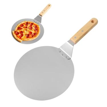 Imagem de vzaahu Pizza Peel 25,4 cm, espátula redonda de alumínio, tamanho pequeno e médio com cabo de madeira de 21,8 cm, ferramenta leve para fazer tortas para pão caseiro, tamanho familiar de 2 a 3