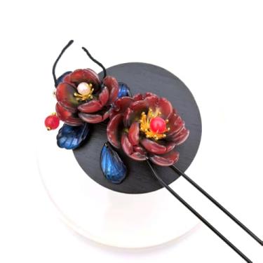 Imagem de Cayyoomm Bastão de cabelo vermelho escuro de resina com folhas azuis, elegante grampo de cabelo chinês Hanfu para mulheres, grampo de cabelo de metal para cabelos longos, acessório de cabelo vintage