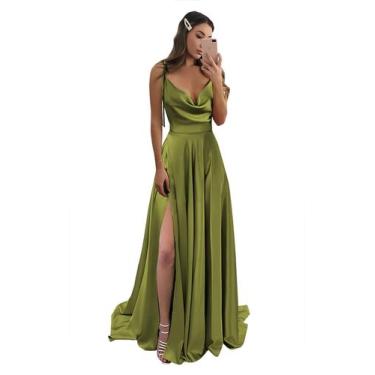 Imagem de Vestido de baile Monvelli, gola alta, cetim e bolsos, verde oliva