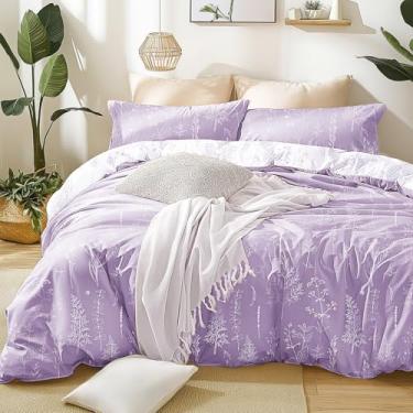 Imagem de Love's cabin Conjunto de edredom king de lavanda - King Size, conjunto de cama floral fofo para todas as estações, 1 edredom macio reversível com flores botânicas e 2 fronhas