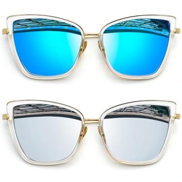 Imagem de Óculos de Sol Feminino Olho de Gato Joopin Vintage Armação de Metal Óculos Lente Espelhada Proteção UV 400 (Azul + Prata)