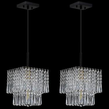 Imagem de Pacote com 2 1 luminária pendurada moderna ilha de cozinha quadrada com pingente de cristal de 20 cm, acabamento em bronze escovado preto para bar, sala de jantar, corredor, sala de estar sobre a pia