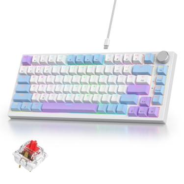 Imagem de iRoboosta Teclado mecânico para jogos 75% roxo com hot swap RGB e suporte de junta - interruptor vermelho TKL, 75%, teclado mecânico cremoso (82 roxo branco)