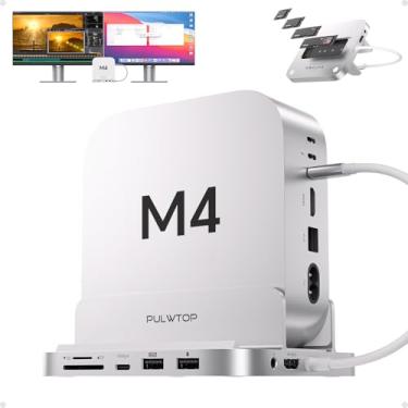 Imagem de PULWTOP Base para Mac Mini M4 com gabinete SSD M.2 de 4 TB e HDMI 4K, hub USB-C vertical de alumínio 9 em 1 para Mac Mini M4 Pro, USB-A/C 10 Gbps, 2 x USB-A 2.0, áudio de 3,5 mm, SD/TF (SSD não